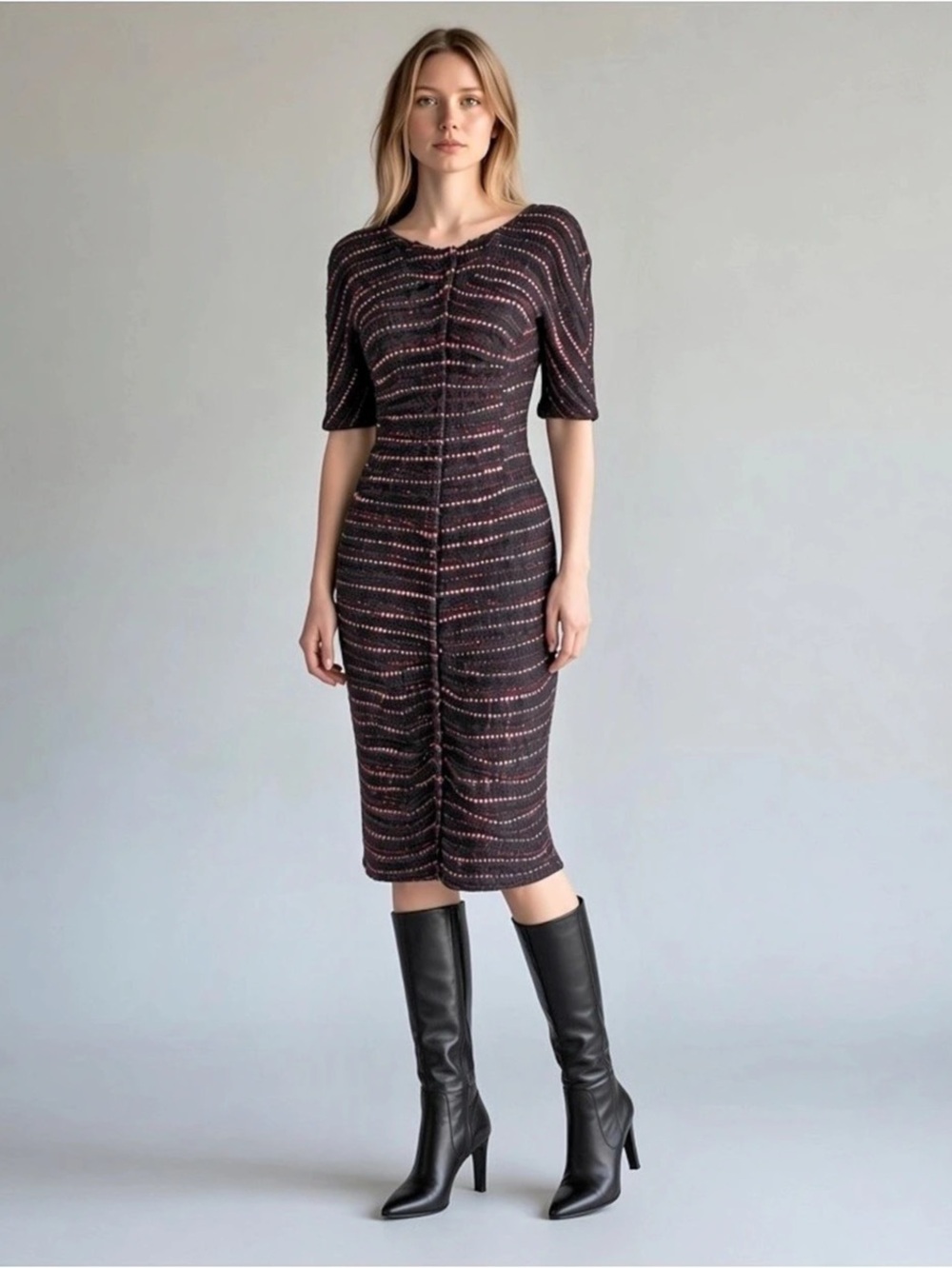 Nina Ricci Striped Midi Dress in Black & Pink Size 38